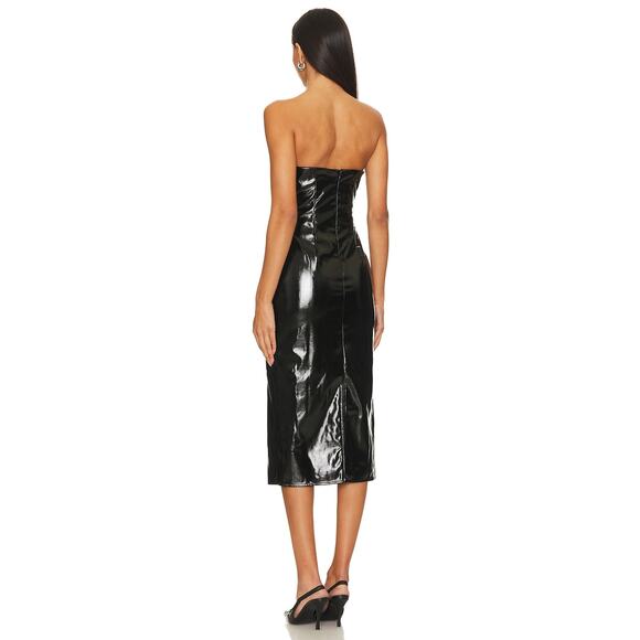 Superdown Julia Faux Leather Midi Dress Black Bust Cutout Glossy Strapless Sz XS - Picture 5 of 13